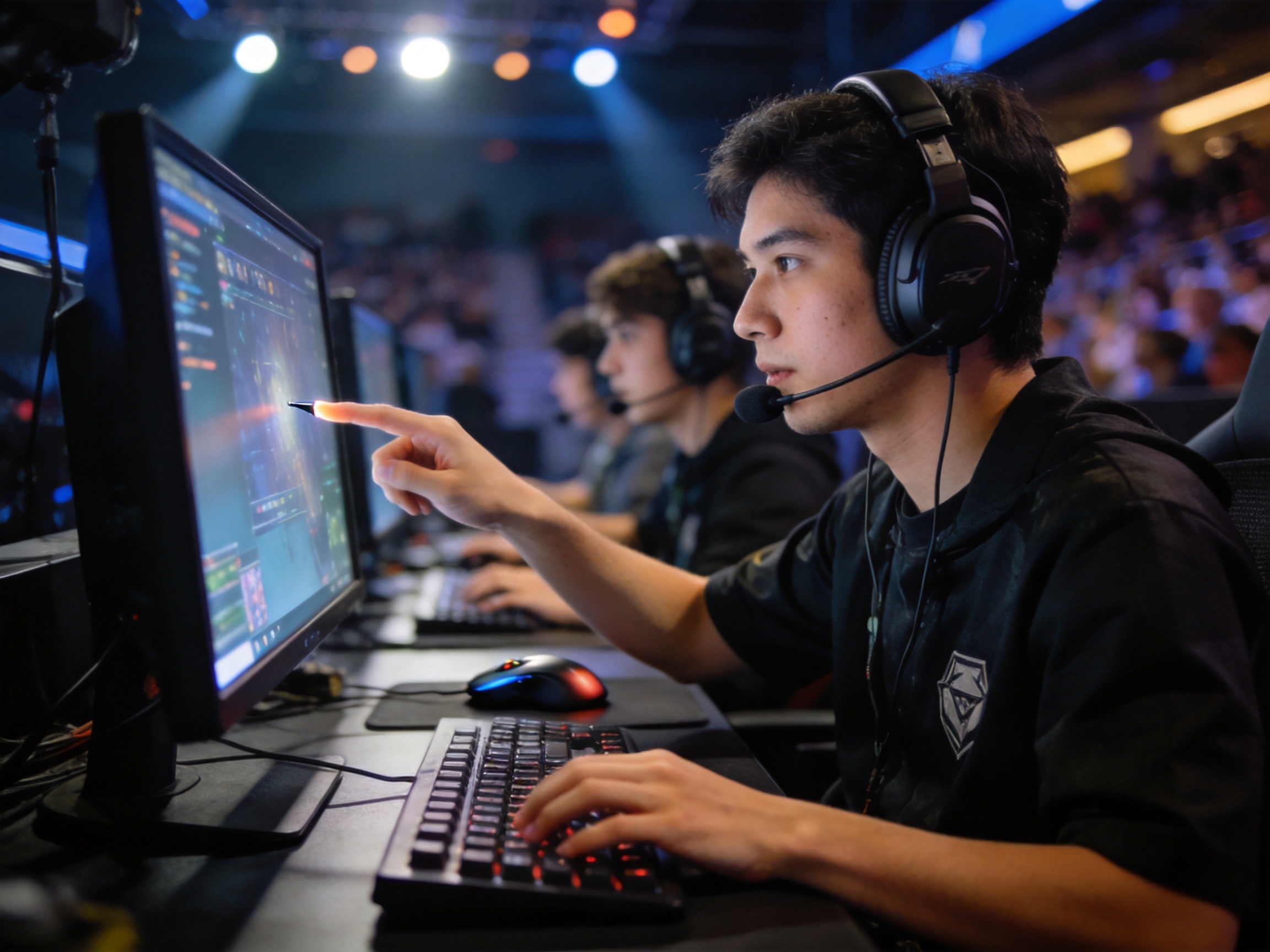 电子竞技职业比赛选手佩戴耳机专注于团队沟通与屏幕操作